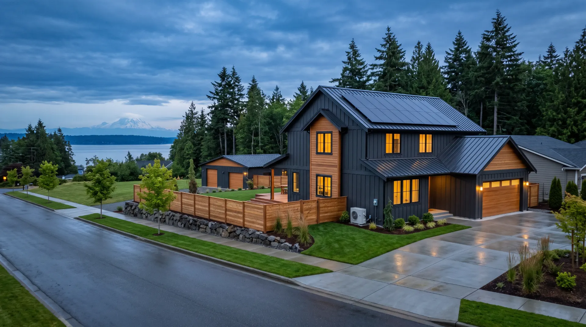 A newly finished Puget Sound home at dusk with solar panels, a cedar fence, a detached shop and new landscaping, with the water and a snow-capped mountain behind it